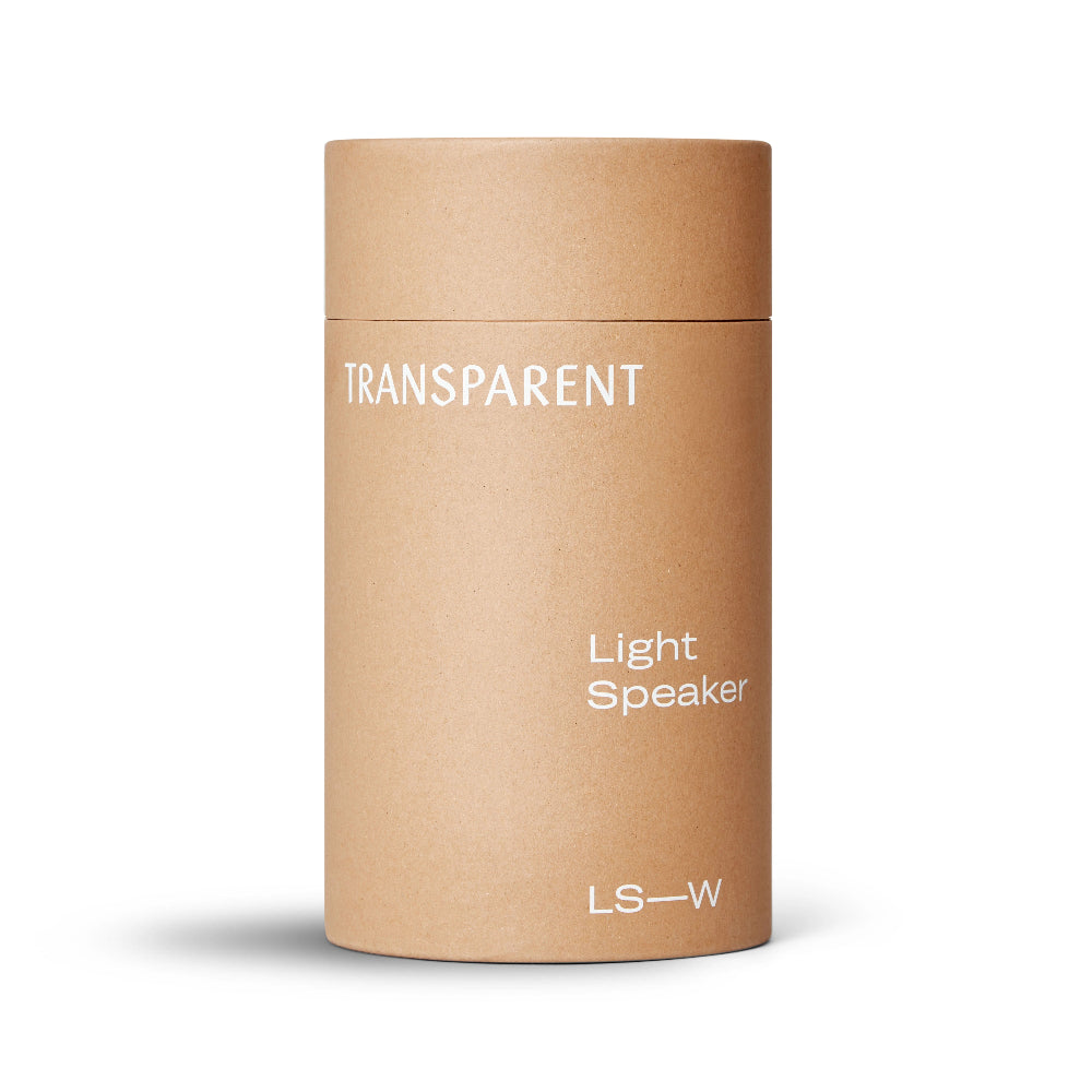 Brown cylindrical container with 'Transparent Light Speaker' text on a white background
