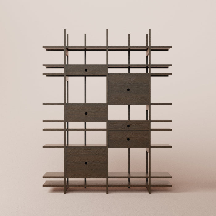 Wooden shelving unit with grid design on a beige background