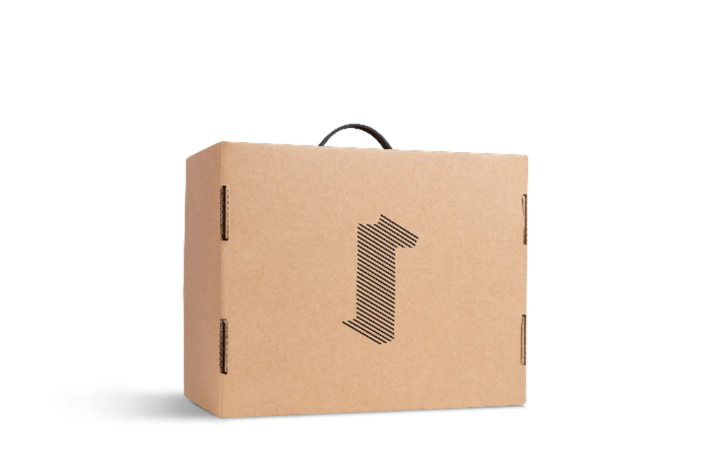 Brown cardboard box with a black number '1' on a white background