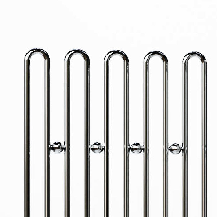 Set of six chrome metal stakes on a white background