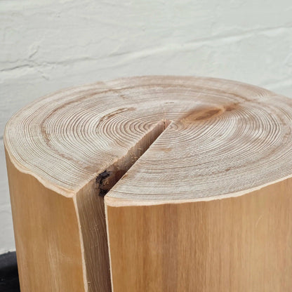 Wooden cedar log with a white textured wall background