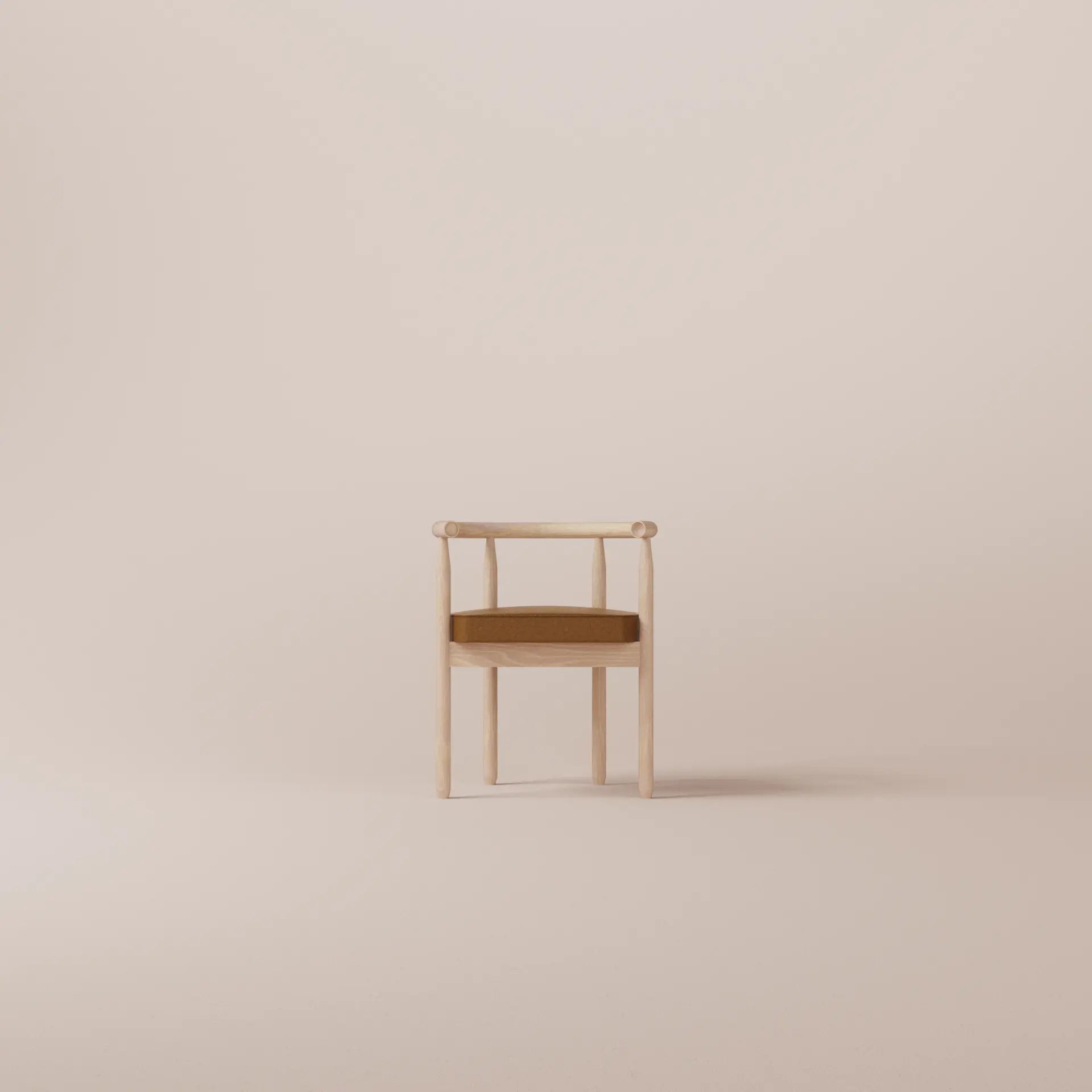 Minimalist chair with wooden frame and brown cushion on a beige background