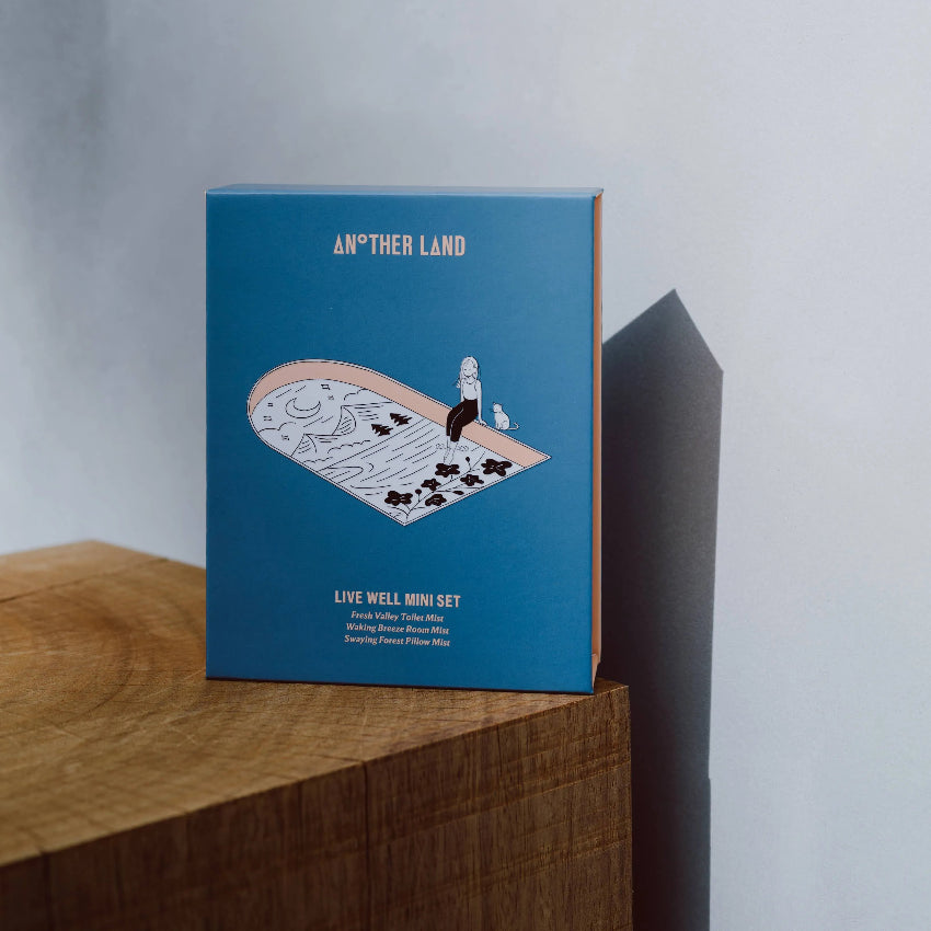 Blue box with 'Another Land' branding on a wooden surface and light gray background