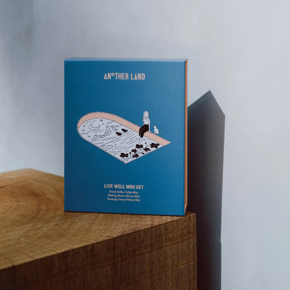 Blue box with 'Another Land' branding on a wooden surface and light gray background
