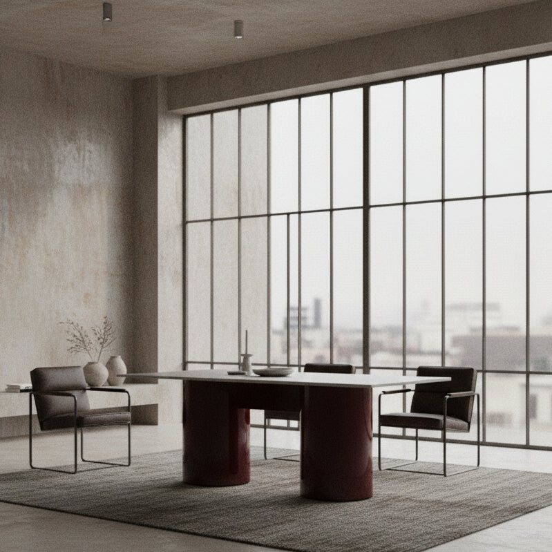 Modern table with a glossy red base on a beige background