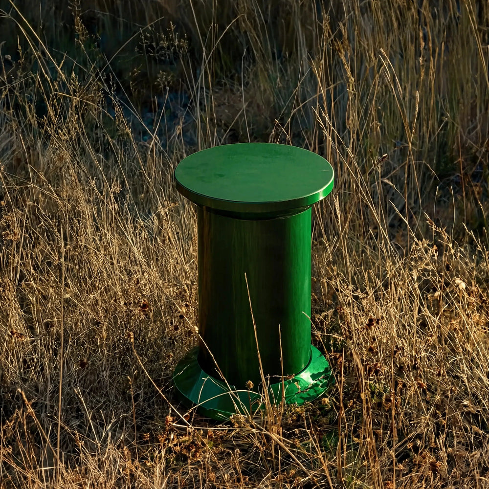 A green cylindrical bollard post with a circular top, situated in a field of dry golden-brown grass at sunset.