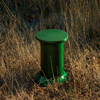 A green cylindrical bollard post with a circular top, situated in a field of dry golden-brown grass at sunset.