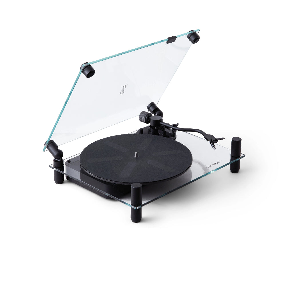 Turntable with clear dust cover on a white background