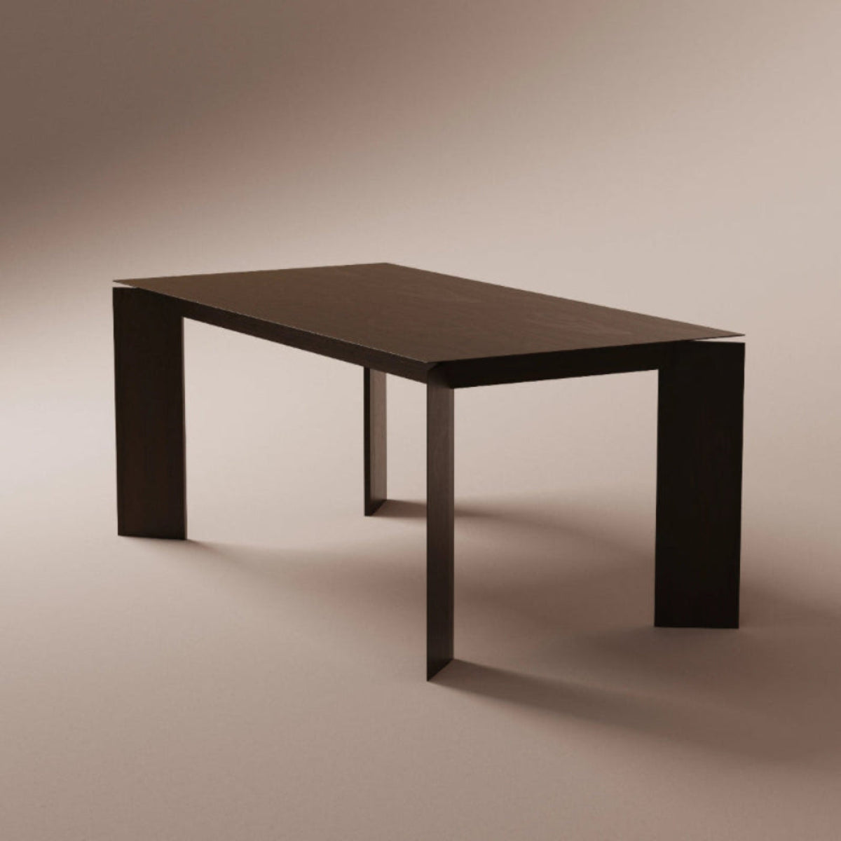 Modern solid walnut dining table on a beige background